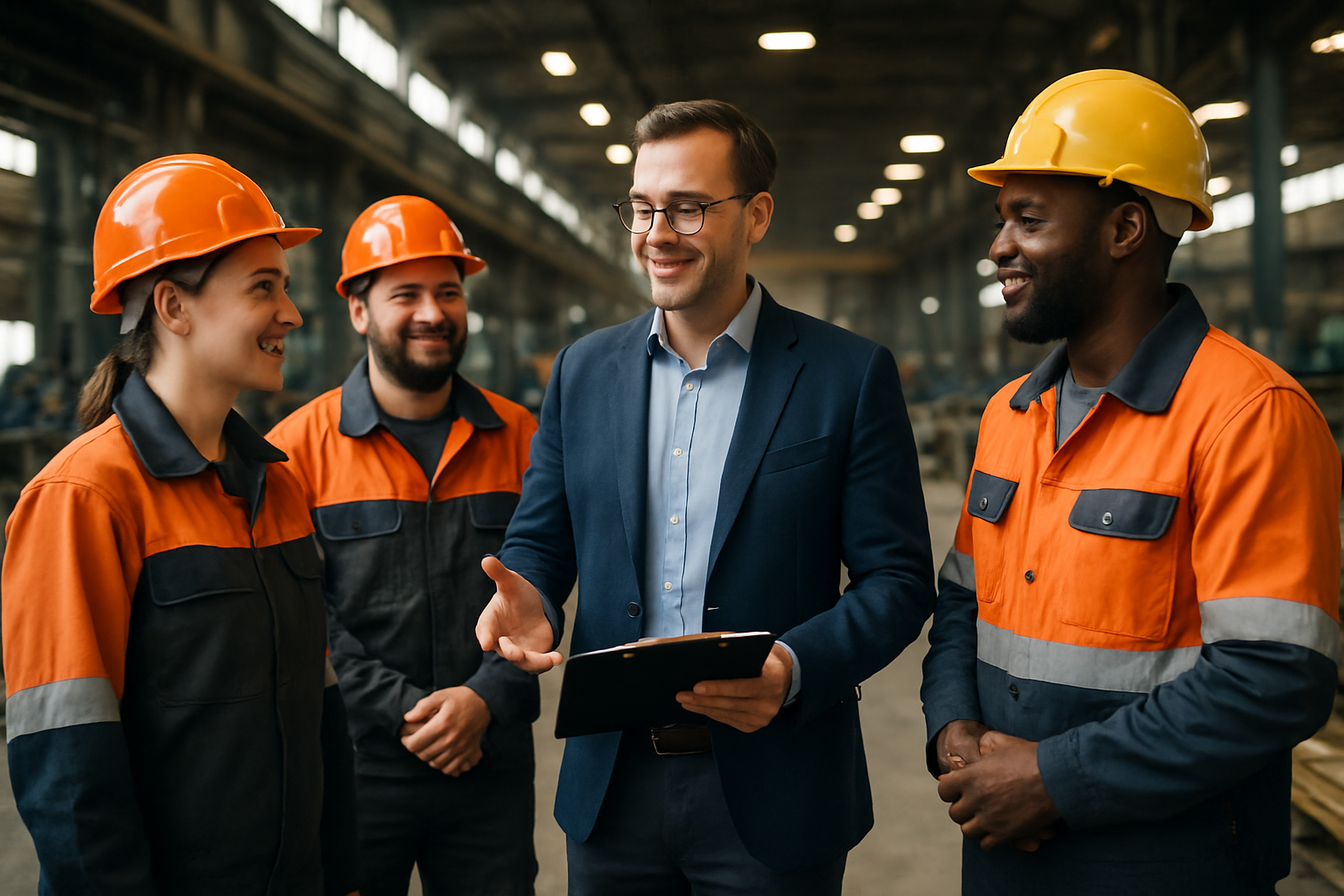 A manager in conversation with a small group of deskless employees in their real working environment.