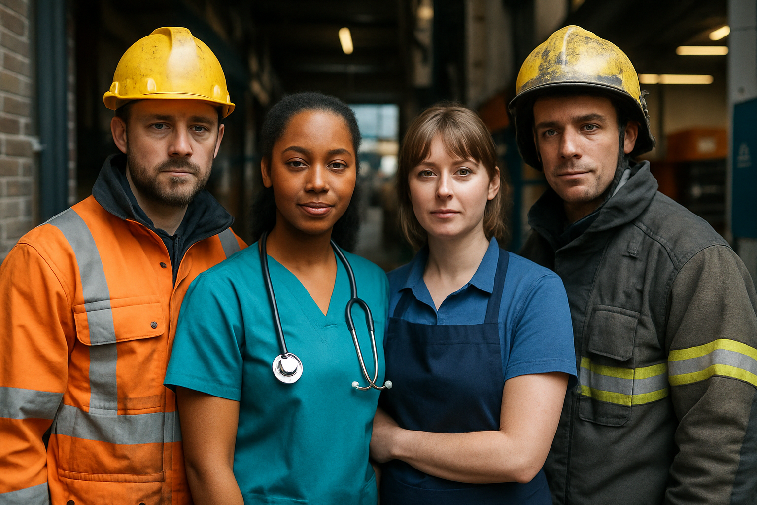 A group of deskless workers together, including a nurse and firefighter